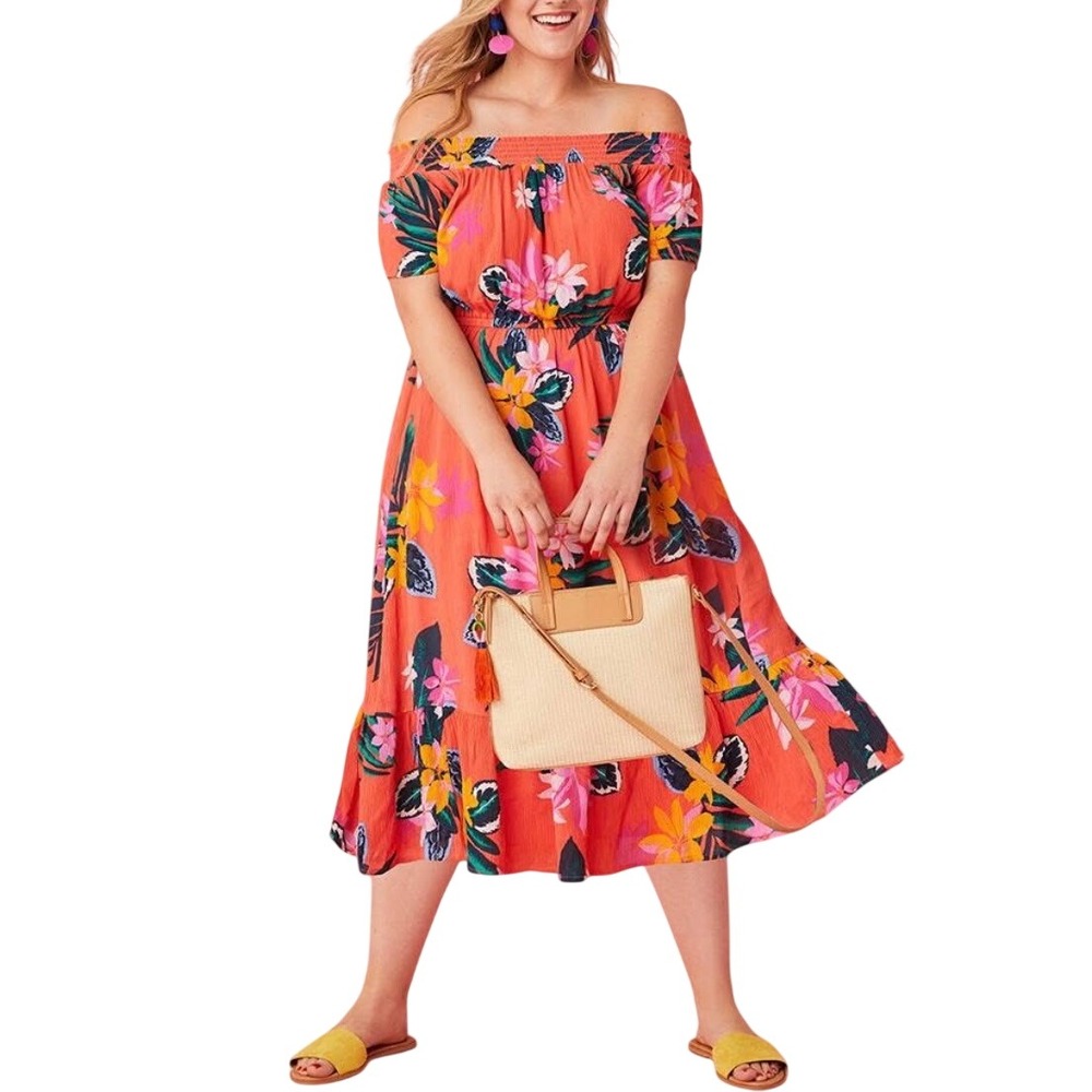 Old Navy Coral Tropical Floral Off Shoulder Boho Tiered Summer Midi Dress XL